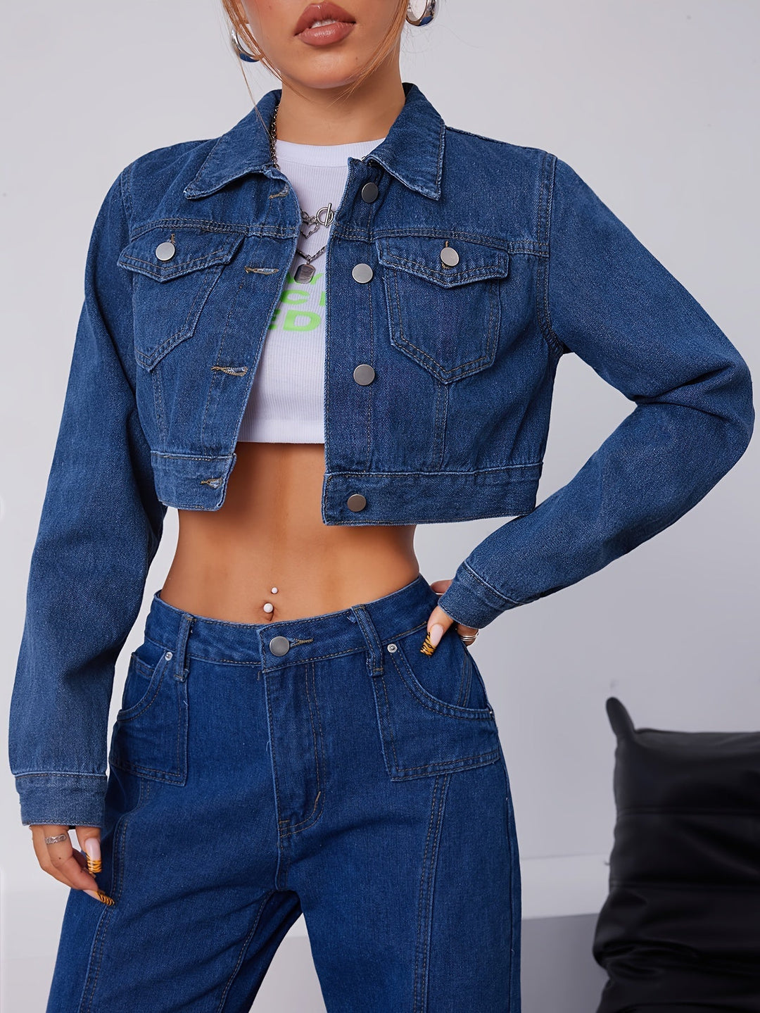 Short Fitted Denim Jacket in Vintage Blue - Elise-XS-Nora Luxe