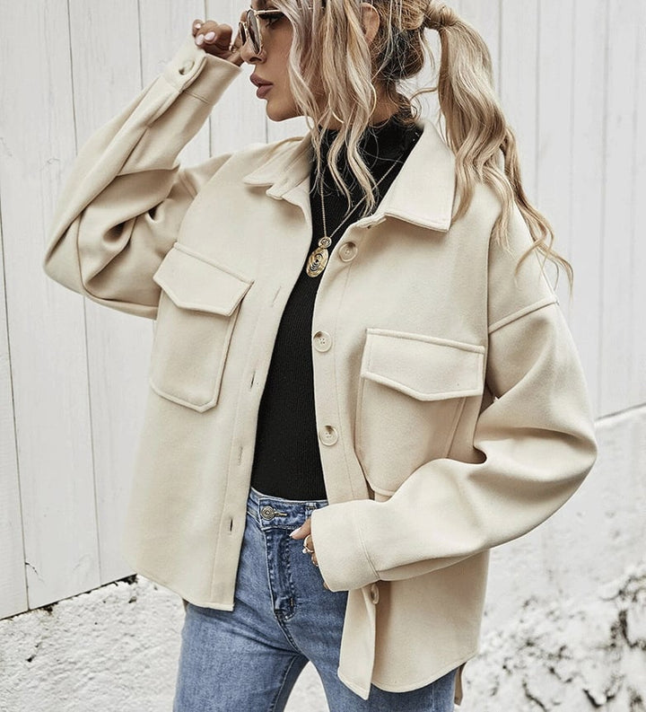Short jacket with button placket – Elodie-Beige-S-Nora Luxe