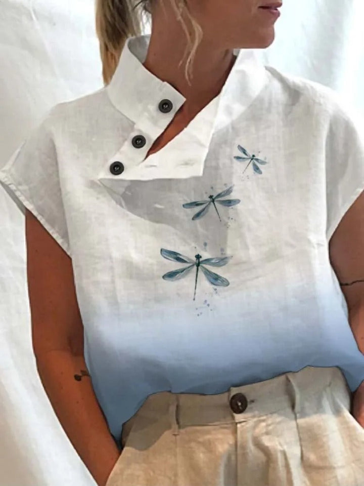 Short-sleeve blouse shirt with playful print – Felicia-3 dragonflies-S-Nora Luxe