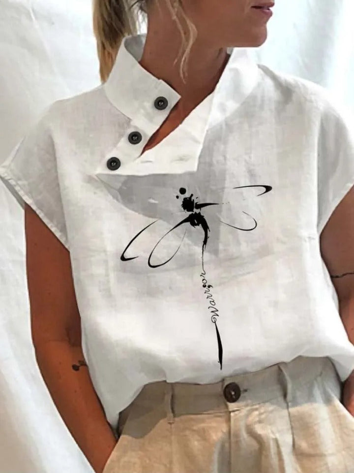 Short-sleeve blouse shirt with playful print – Felicia-Black dragonfly-S-Nora Luxe