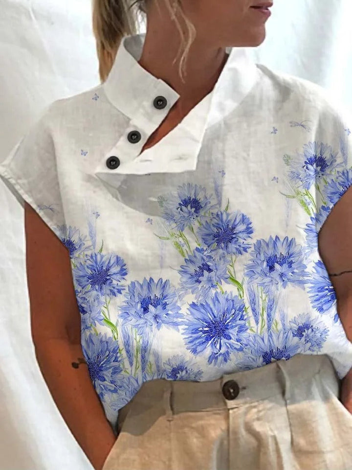 Short-sleeve blouse shirt with playful print – Felicia-Blue flowers-S-Nora Luxe