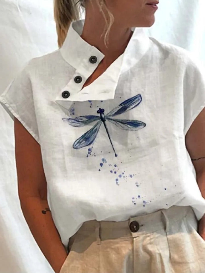 Short-sleeve blouse shirt with playful print – Felicia-Large dragonfly-S-Nora Luxe