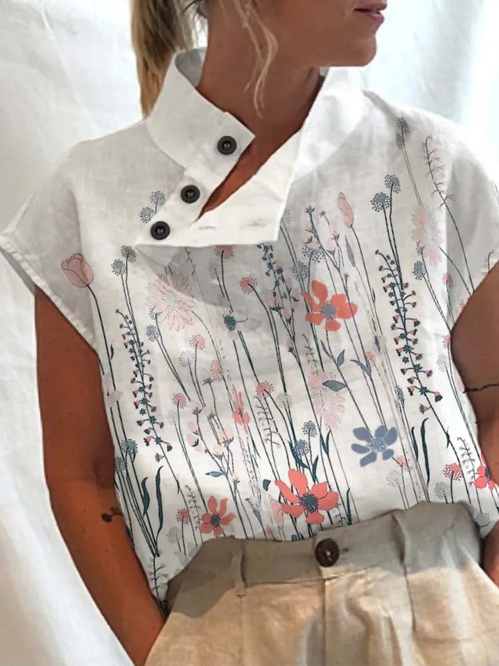 Short-sleeve blouse shirt with playful print – Felicia-Pink flowers-S-Nora Luxe