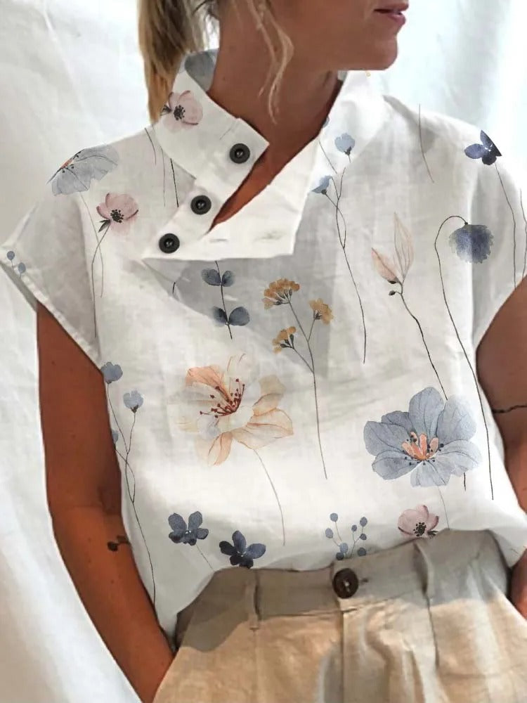 Short-sleeve blouse shirt with playful print – Felicia-Yellow flowers-S-Nora Luxe