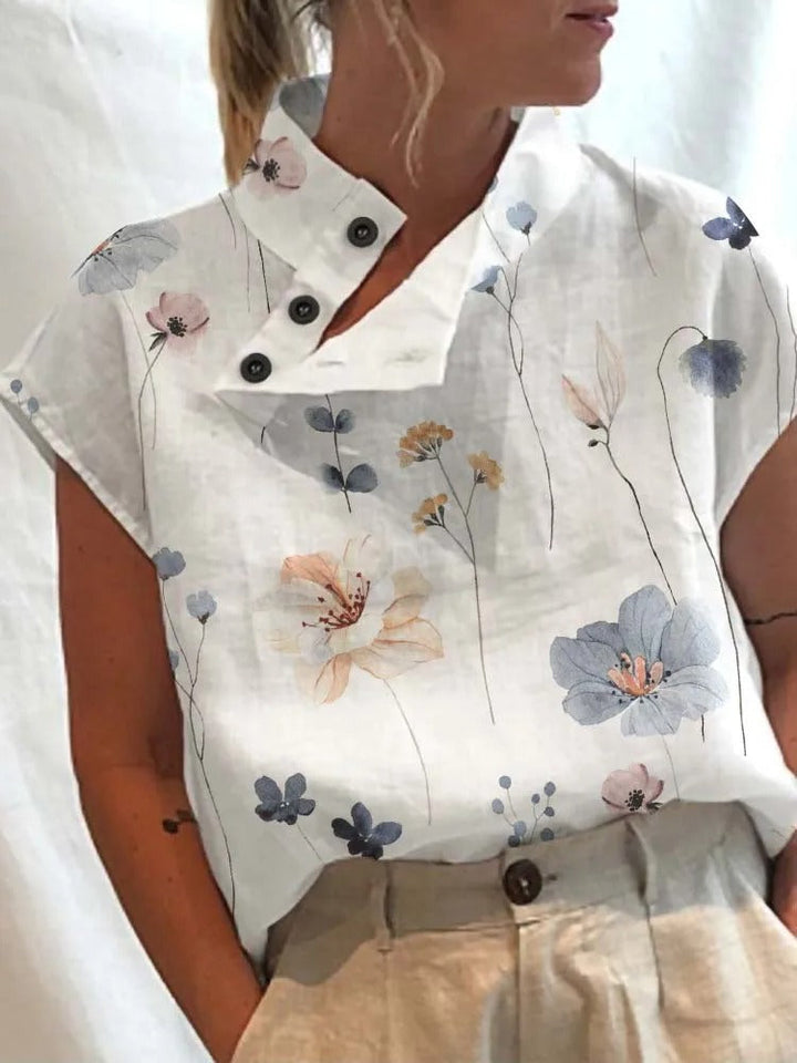 Short-sleeve blouse shirt with playful print – Felicia-Yellow flowers-S-Nora Luxe