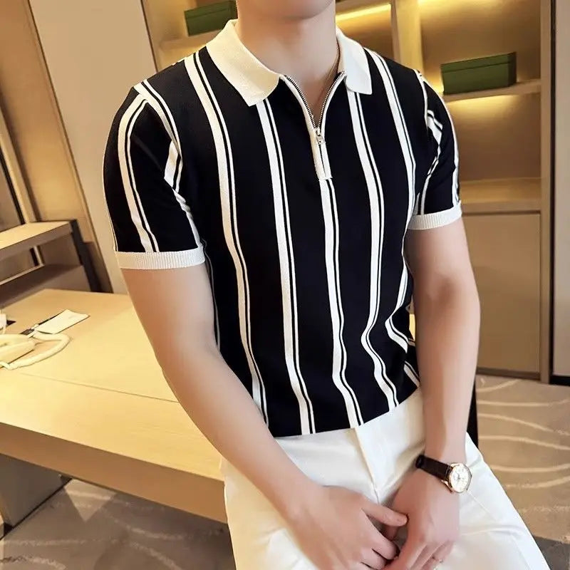 Short-sleeved polo shirt with zipper for men - Silvano-White-S-Nora Luxe