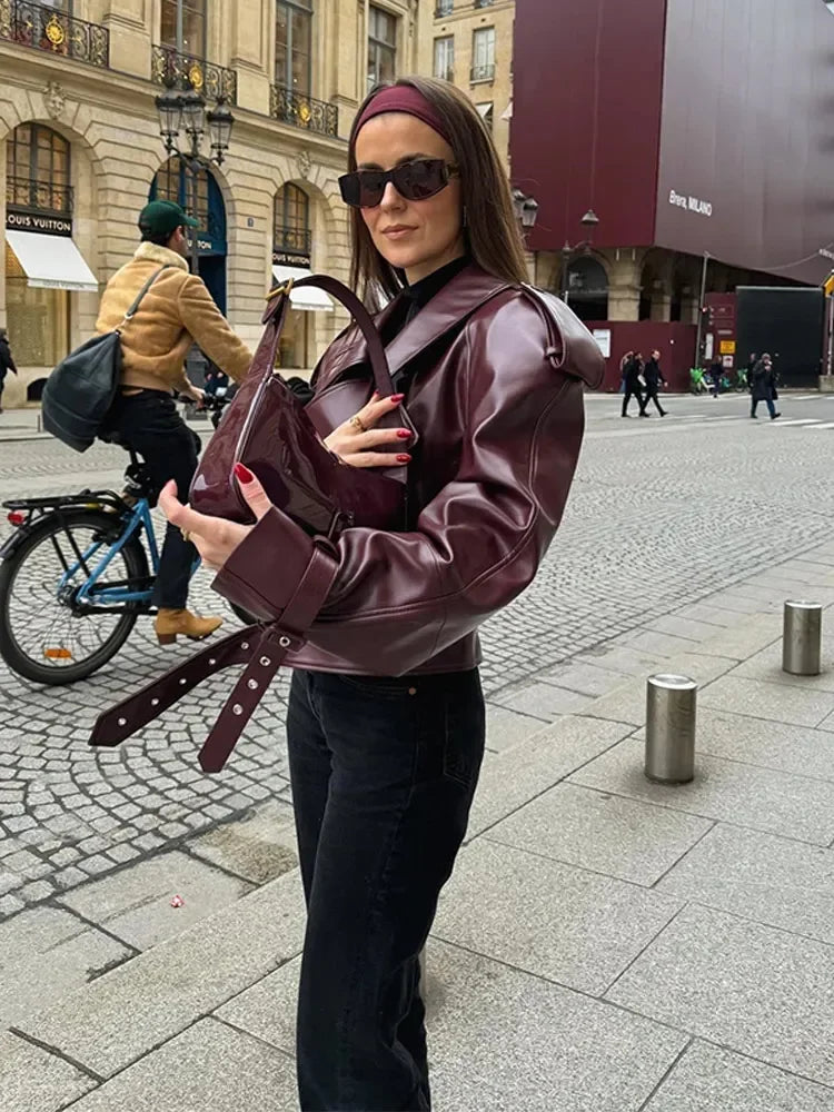 Short women's leather jacket in cherry red with lapel collar – Livana-Cherry red (Burgundy)-S-Nora Luxe