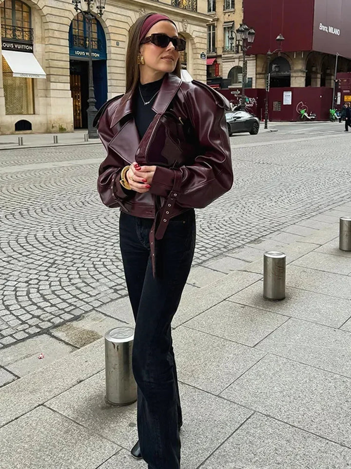 Short women's leather jacket in cherry red with lapel collar – Livana-Cherry red (Burgundy)-S-Nora Luxe