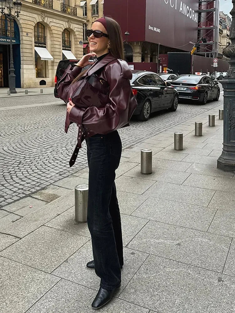 Short women's leather jacket in cherry red with lapel collar – Livana-Cherry red (Burgundy)-S-Nora Luxe