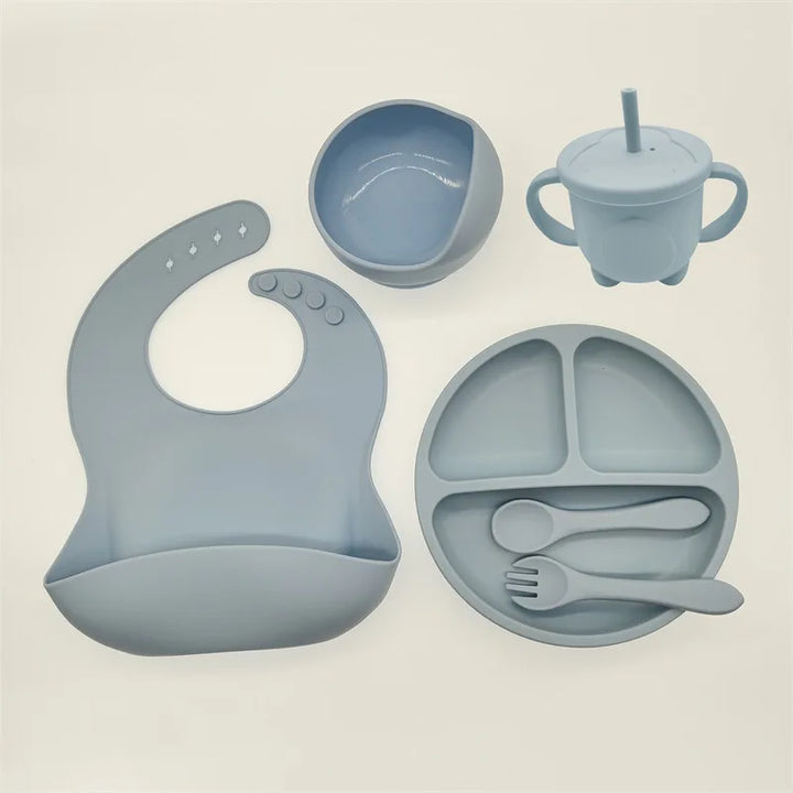 Silicone Feeding Set for Babies - TinyBites-Gray/Blue-Nora Luxe