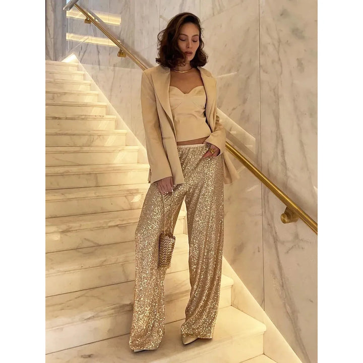 Silky Smooth Sequin Trousers - Luna-Gold-36-Nora Luxe