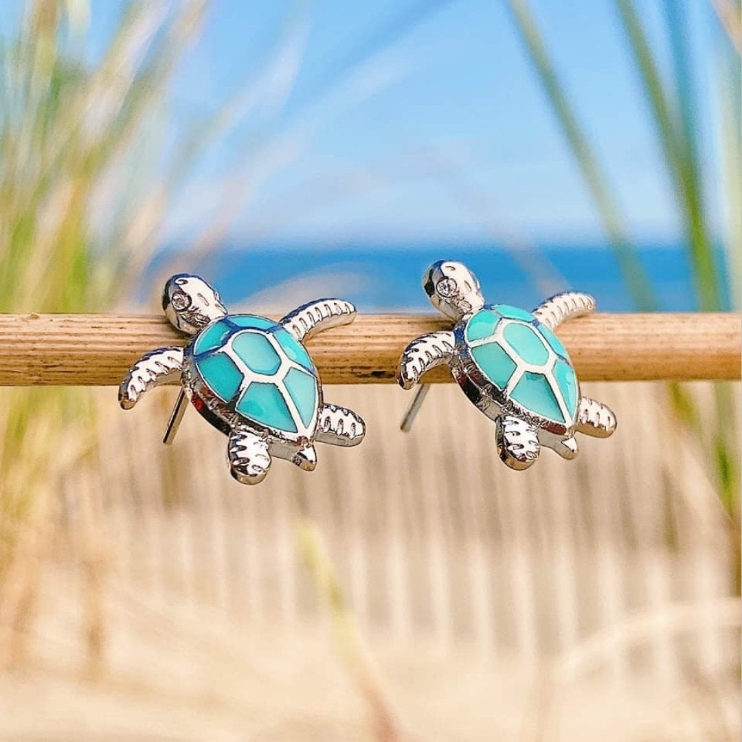 Silver Sea Turtle Opal Earrings - Marinea-Blue-Nora Luxe