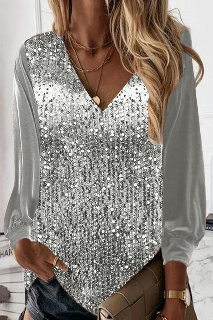 Simple Ladies Glitter Blouse - Elodie-Silver-S-Nora Luxe