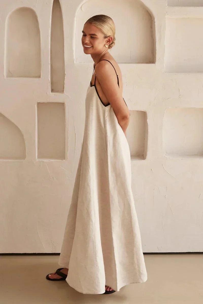 Sleeveless Beige Boho Maxi Dress in Linen Look – Elin-S-State of Style