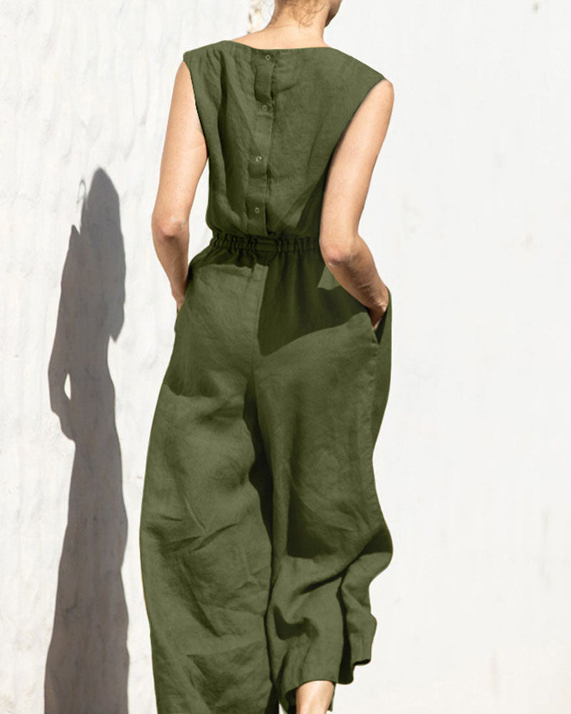 Sleeveless jumpsuit with wide leg – Aurelia-Army green-S-Nora Luxe