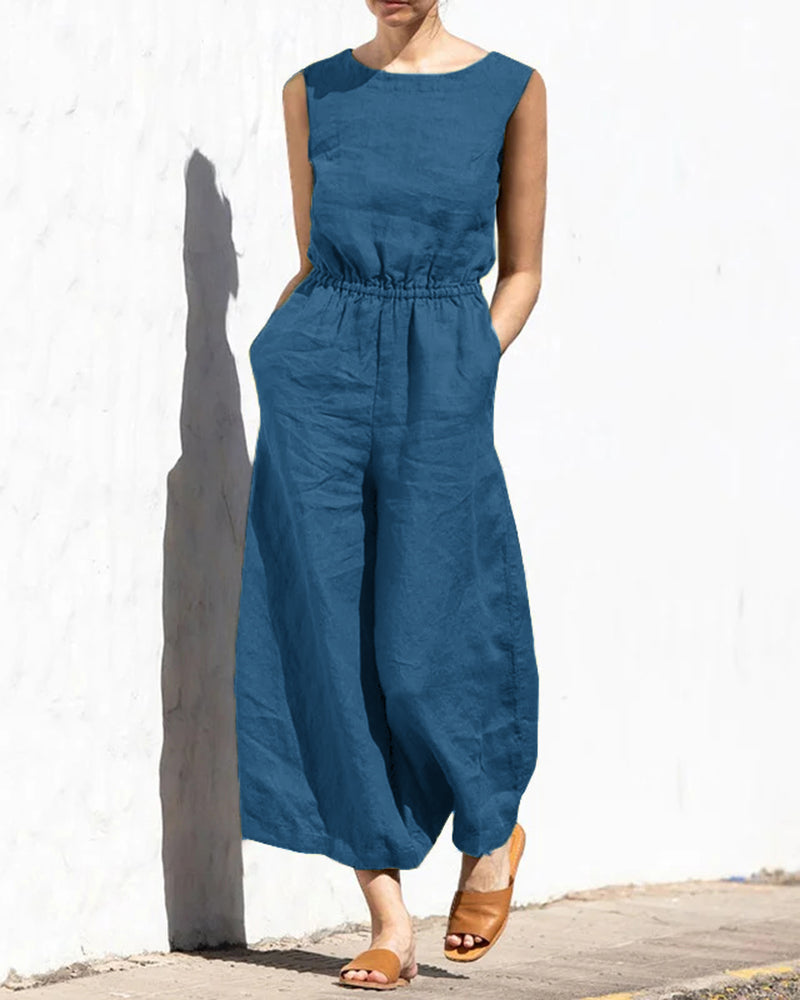 Sleeveless jumpsuit with wide leg – Aurelia-Blue-S-Nora Luxe