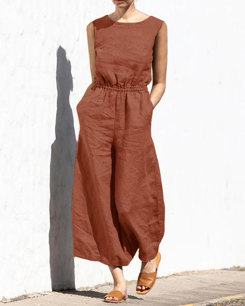 Sleeveless jumpsuit with wide leg – Aurelia-Brown-S-Nora Luxe