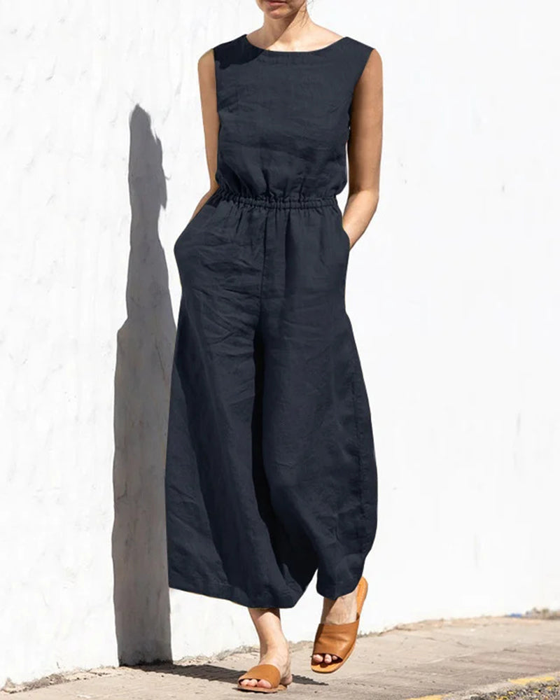 Sleeveless jumpsuit with wide leg – Aurelia-Dark blue-S-Nora Luxe
