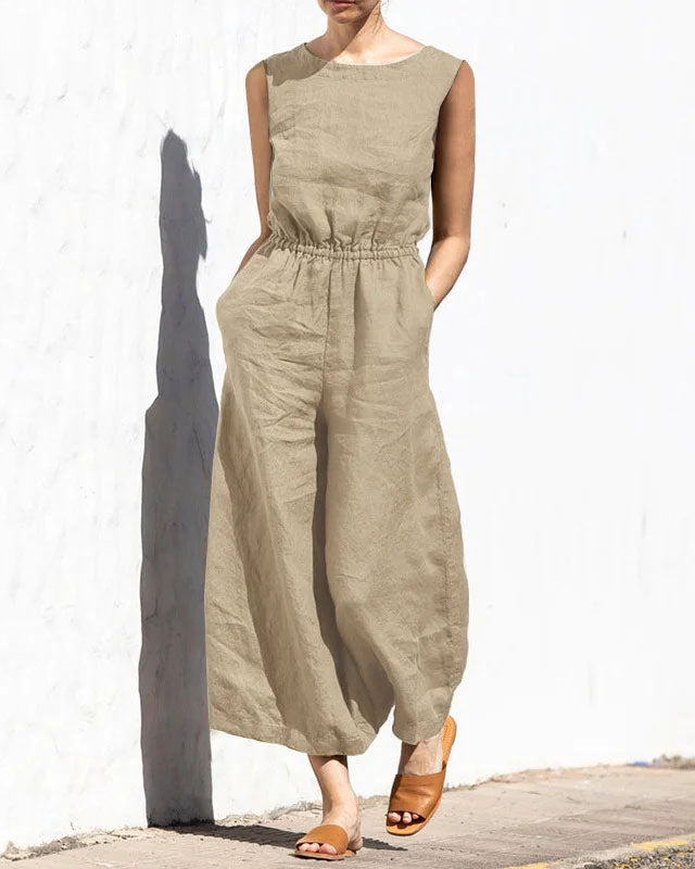 Sleeveless jumpsuit with wide leg – Aurelia-Khaki-S-Nora Luxe