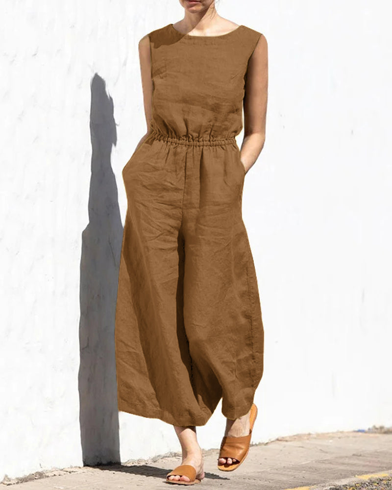 Sleeveless jumpsuit with wide leg – Aurelia-Light brown-S-Nora Luxe