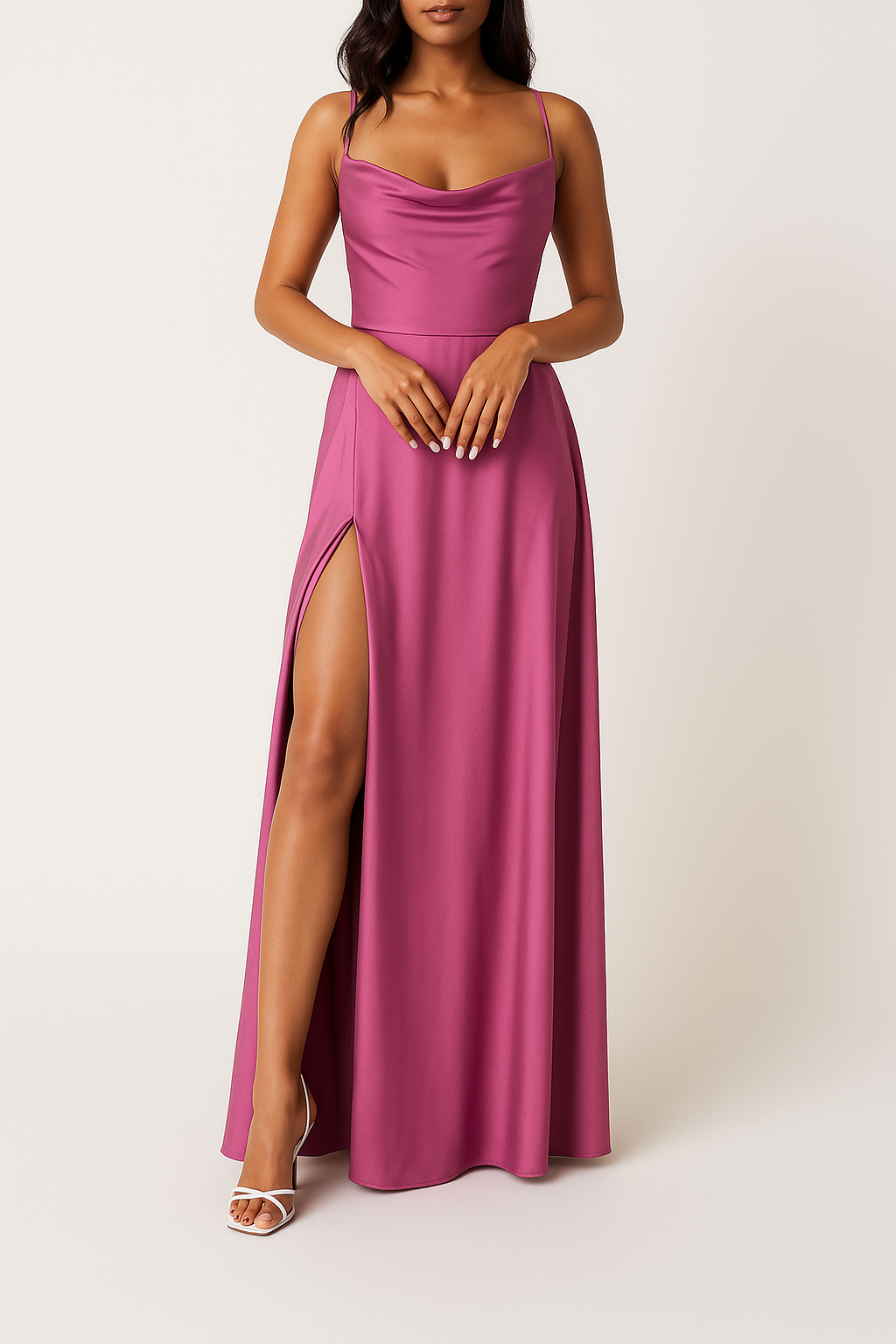 Sleeveless Silk Maxi Dress with High Slit – Serena-Pink-S-Nora Luxe