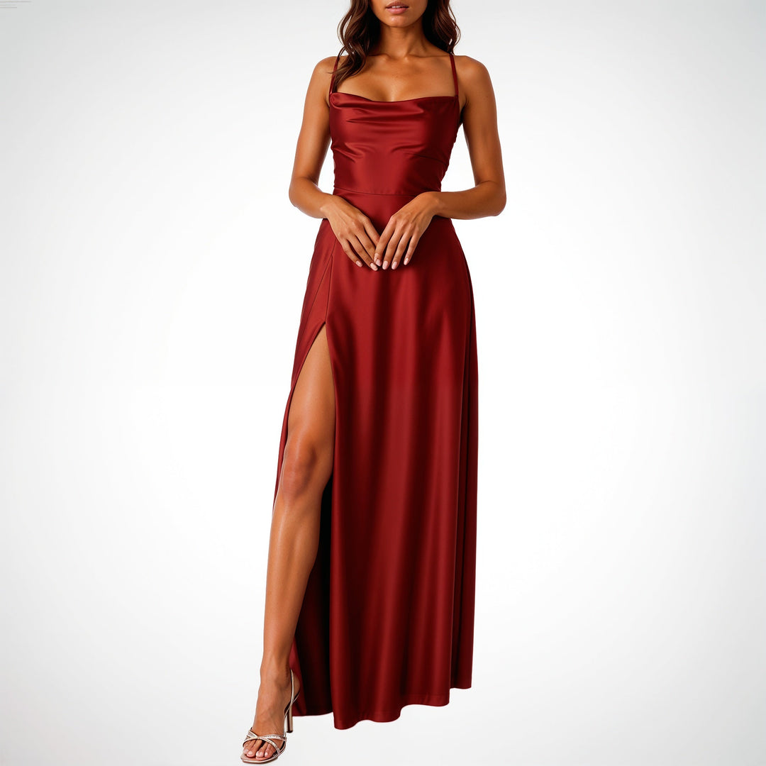 Sleeveless Silk Maxi Dress with High Slit – Serena-Red-S-Nora Luxe