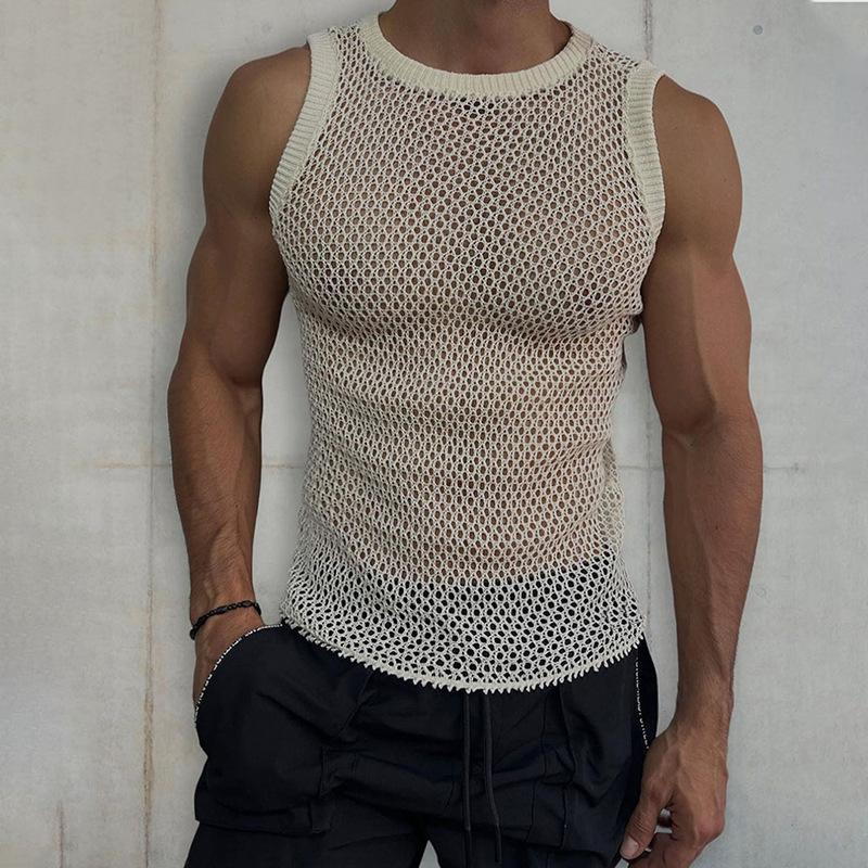 Sleeveless Transparent Men's Knitted Vest – Milo-Beige-XS-Nora Luxe
