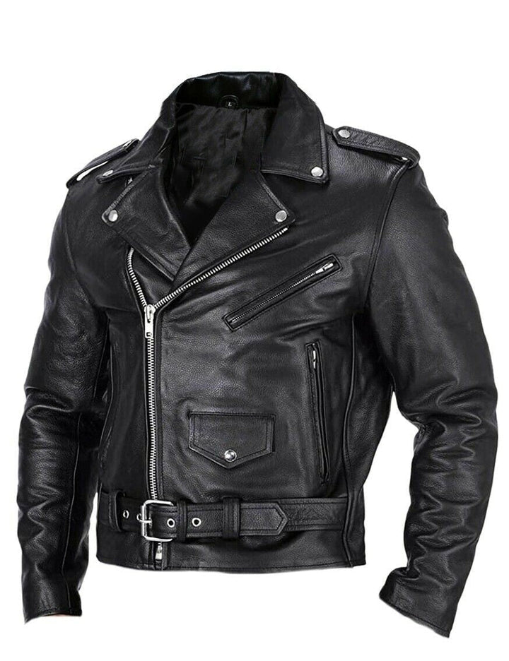 Slim Fit Leather Men's Motorcycle Jacket with Stand-up Collar - Ryder-Black-XS-Nora Luxe