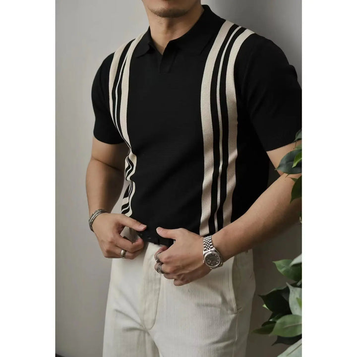 Slim Fit Men's Polo Shirt with Zip – Fabrizio-Black Striped-S-Nora Luxe