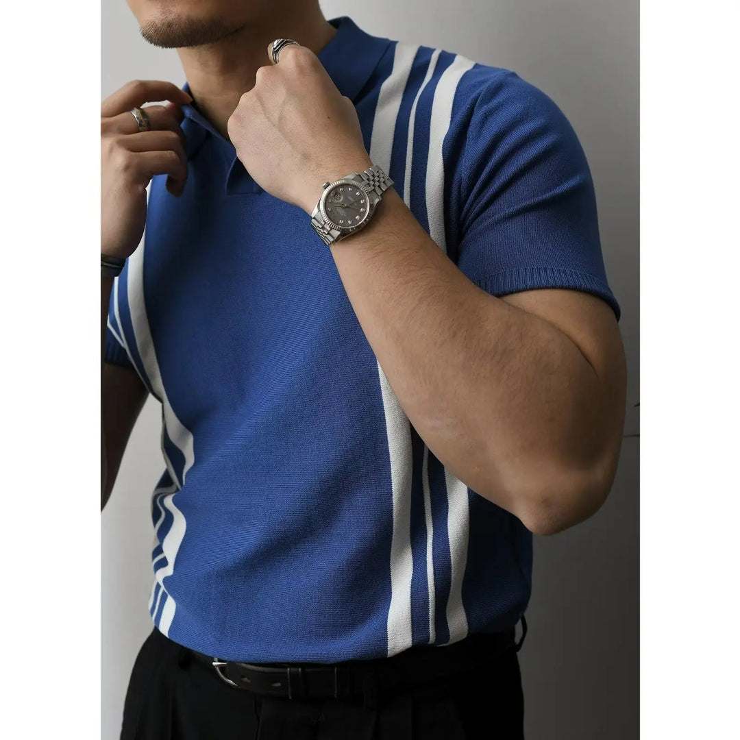 Slim Fit Men's Polo Shirt with Zip – Fabrizio-Blue Striped-S-Nora Luxe