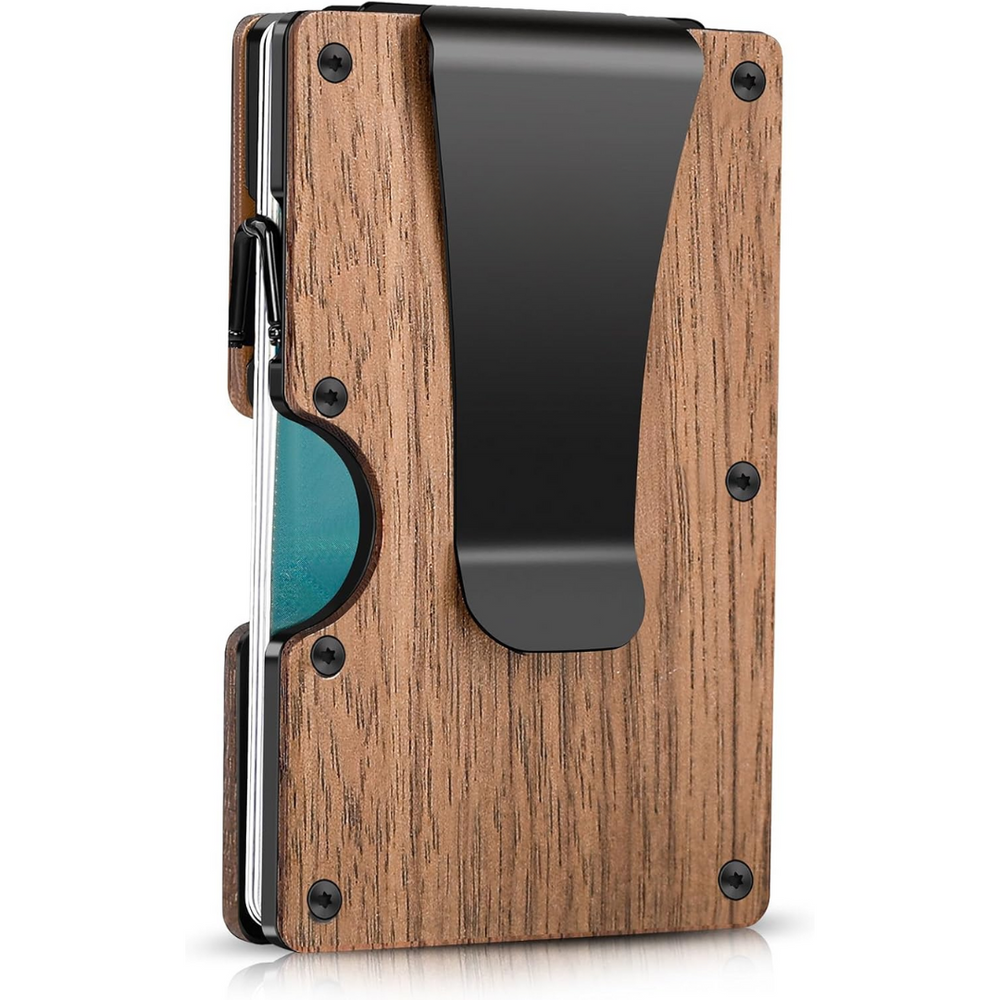Slim RFID-Blocking Wallet made of Carbon Fibre with Money Clip - CarbonVault-Wood-Nora Luxe