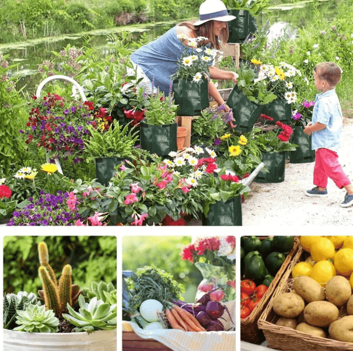 Woman and a child tending green grow bags full of colorful flowers in a garden.