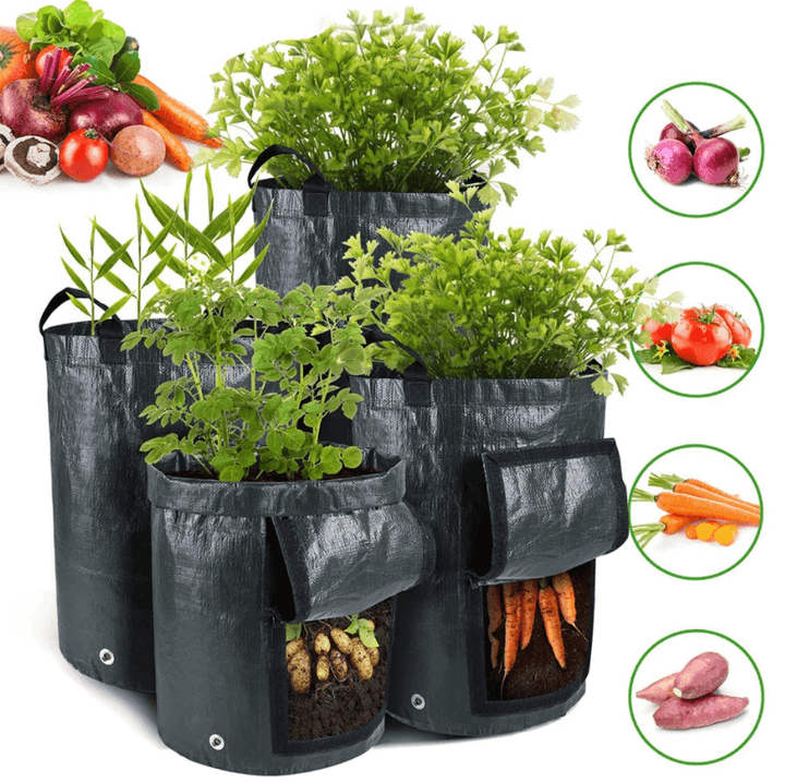 Another view of gray woven grow bags with handles, crop plants, and open flaps.