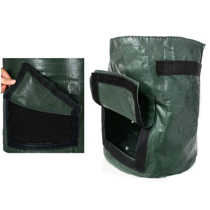 Detail of a hand lifting the hook-and-loop flap on the green grow bag.