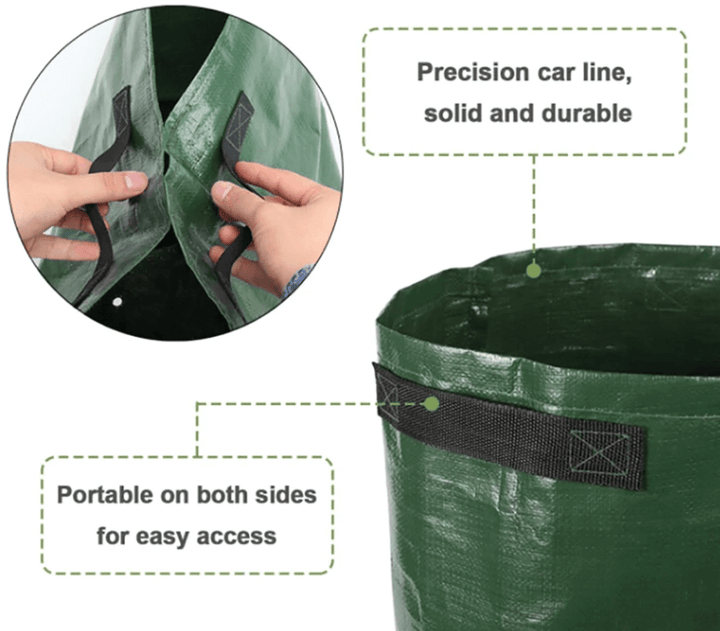 Detail of the black webbing handle on the green grow bag's rim.