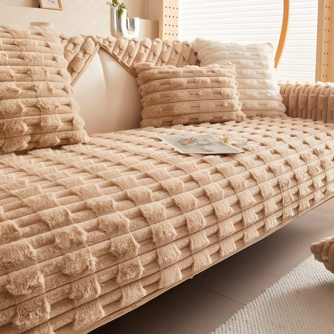 Plush non-slip couch cover for dogs and pets in camel brown on a sofa with cushions