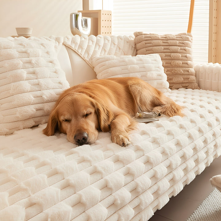 Plush non-slip couch cover for dogs and pets in beige on a sofa with a dog