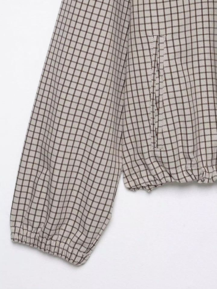 Women's Plaid Hooded Cropped Jacket detail showing the sleeve cuff, side pocket opening and gathered hem.
