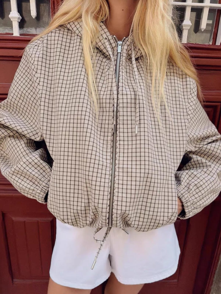 Women's Plaid Hooded Cropped Jacket detail showing the zipper, hood drawstrings and drawstring hem.