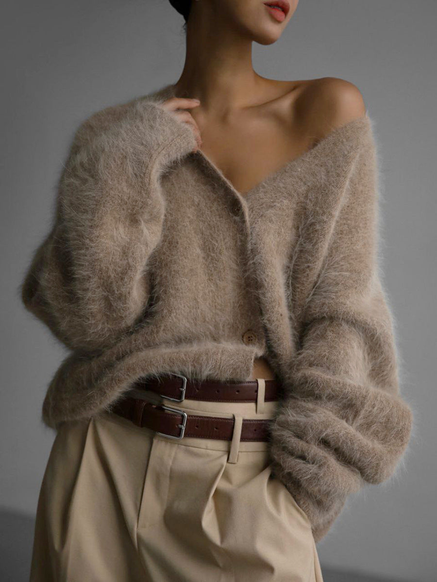 Soft Knitted Women's Cardigan with V-Neck - Sophie-Khaki-S-Nora Luxe