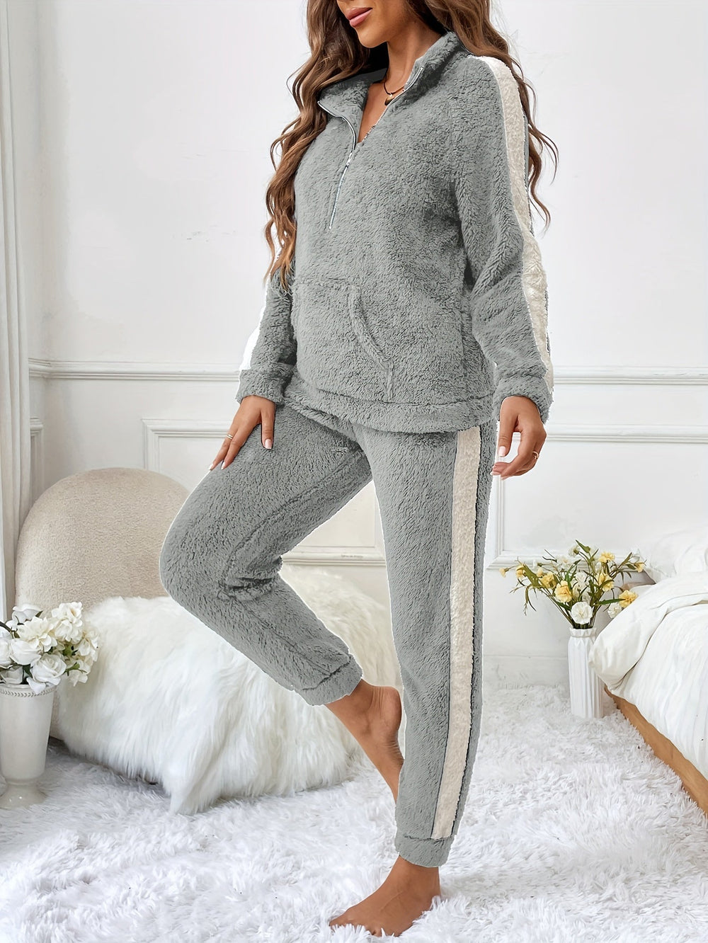 Soft Plush Lounge Pyjama Set with Colour Accents - Lyra-Gray-S-Nora Luxe