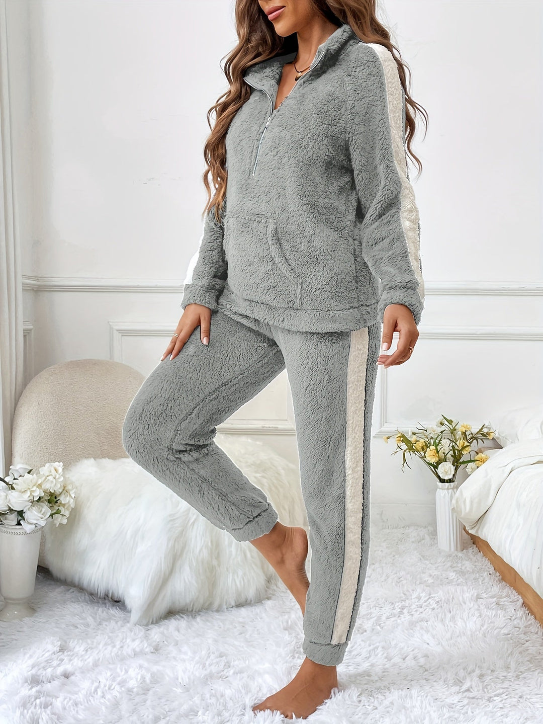 Soft Plush Lounge Pyjama Set with Colour Accents - Lyra-Gray-S-Nora Luxe