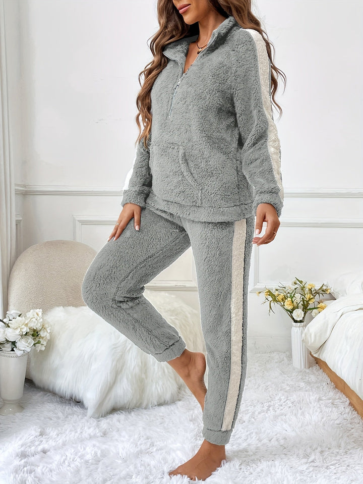 Soft Plush Lounge Pyjama Set with Colour Accents - Lyra-Gray-S-Nora Luxe