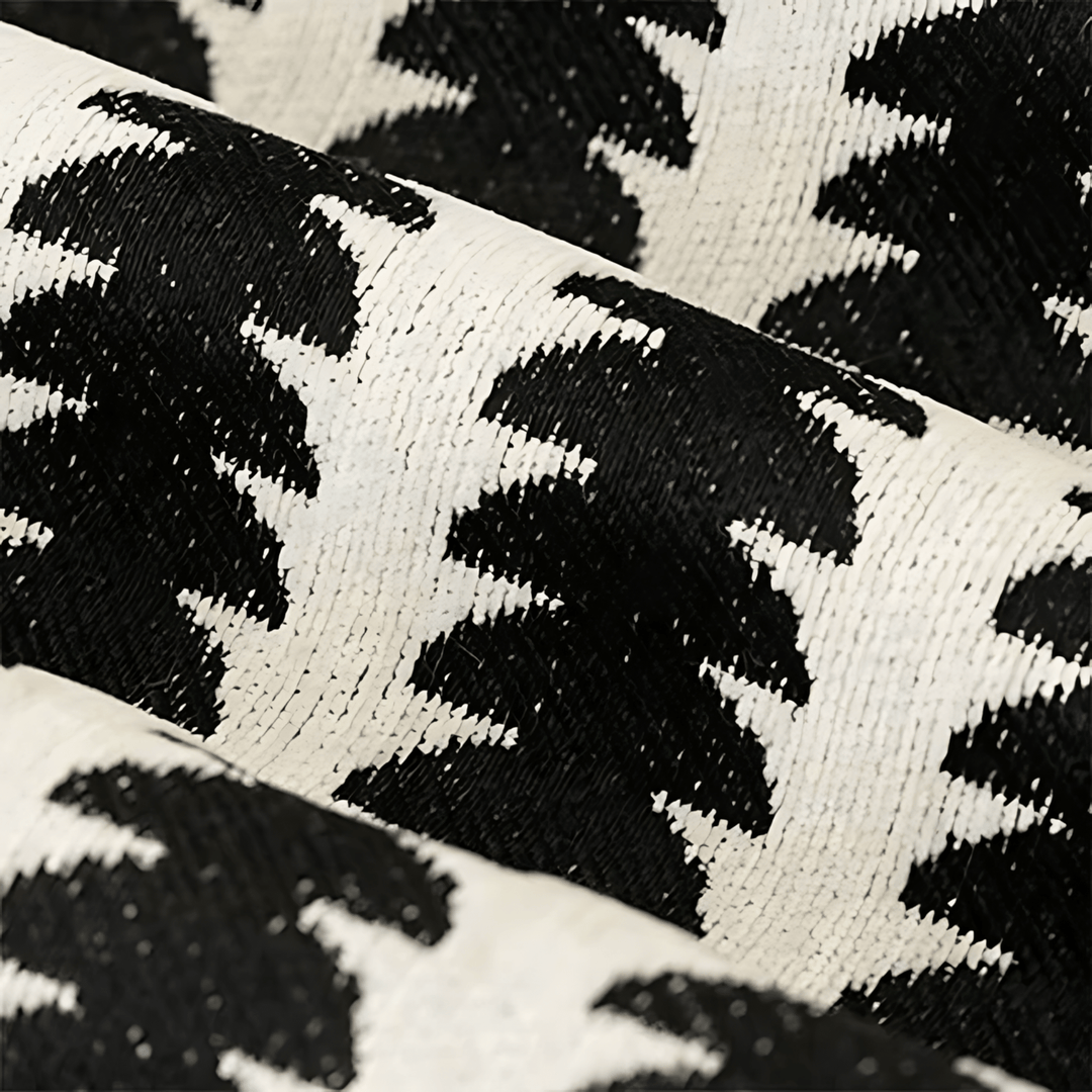 Black and white knit sofa cover detail with dense texture and graphic-print pattern.