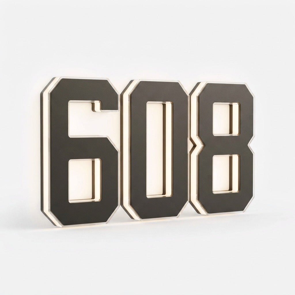 Angled studio view of three dark numerals with a soft glowing edge on a white background 19