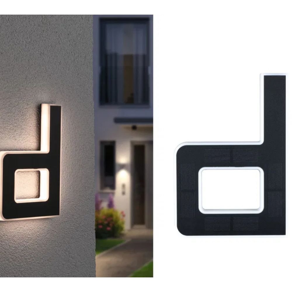Solar illuminated letter d with a gray wall view and a white background view of the solar panel cells.