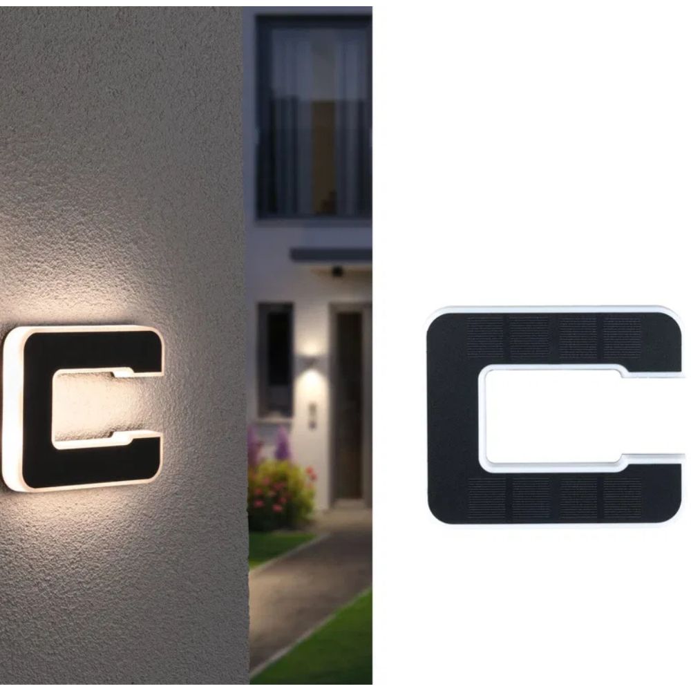 Solar illuminated letter c with a gray wall view and a white background view of the solar panel cells.