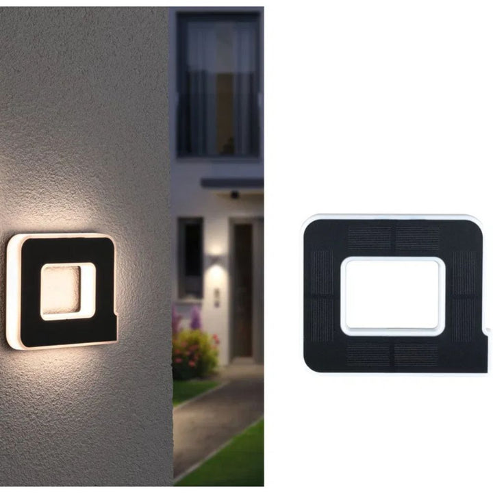 Solar illuminated letter a with a gray wall view and a white background view of the solar cell pattern.