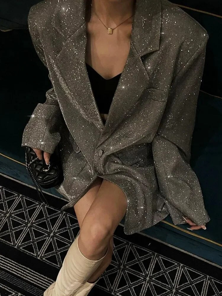 Sparkling Sequin Blazer - Celeste-Silver-2XL-Nora Luxe