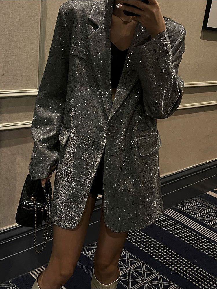 Sparkling Sequin Blazer - Celeste-Silver-S-Nora Luxe